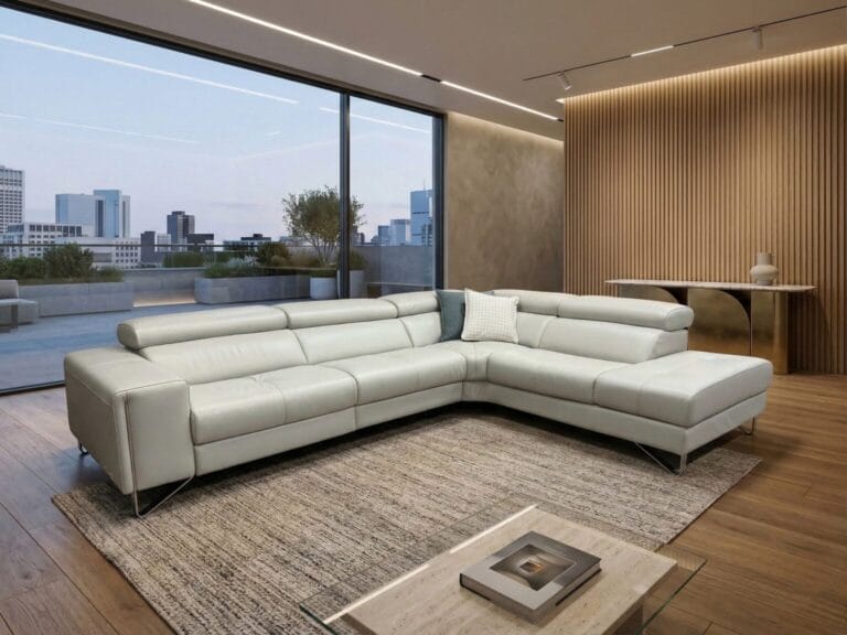 Modern living room with a large white leather sectional sofa, a rug, a low coffee table, and floor-to-ceiling windows overlooking a cityscape.