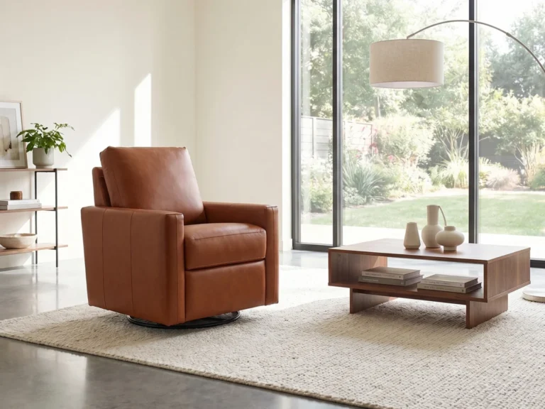 A modern living room with a brown leather armchair, a wooden coffee table, a floor lamp, and large windows overlooking a garden.