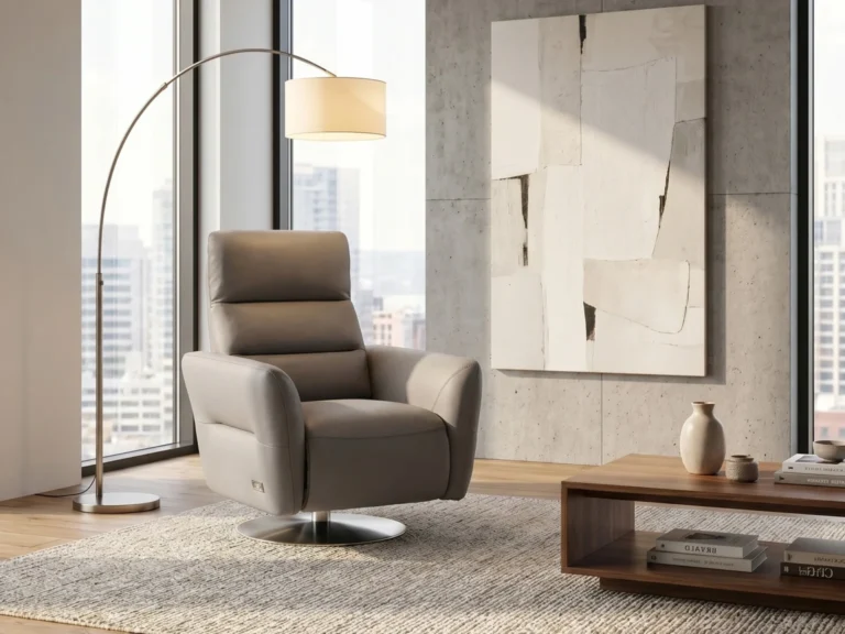 Modern living room with a gray armchair, floor lamp, abstract wall art, wooden coffee table, and city view through large windows.
