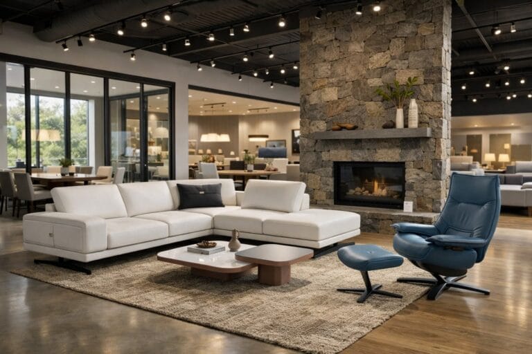 Modern furniture showroom featuring a white sectional sofa, blue lounge chair with ottoman, stone fireplace, coffee tables, and large windows under overhead lighting.