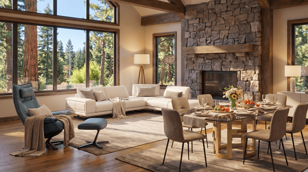 Spacious living and dining area with large windows, stone fireplace, modern furniture, and views of trees outside. Dining table is set for a meal.