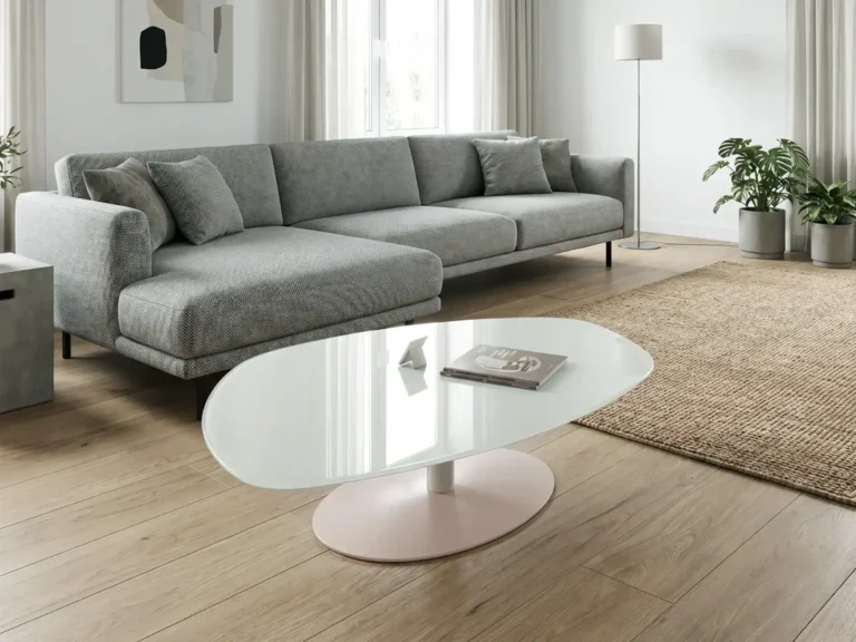 A modern living room with a gray sectional sofa, a white oval coffee table with a magazine and decor, wooden flooring, potted plants, and neutral-toned decor.