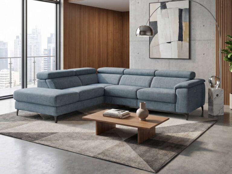 Modern living room with a blue sectional sofa, low wooden coffee table, abstract wall art, floor lamp, and large windows overlooking a cityscape.