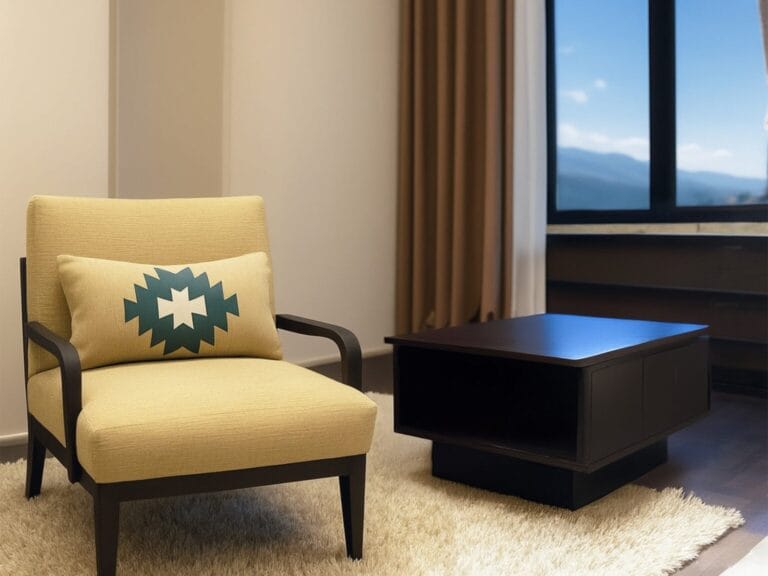 A yellow armchair with a geometric-patterned pillow sits next to a dark wooden coffee table on a light rug in a room with a window and beige curtains.