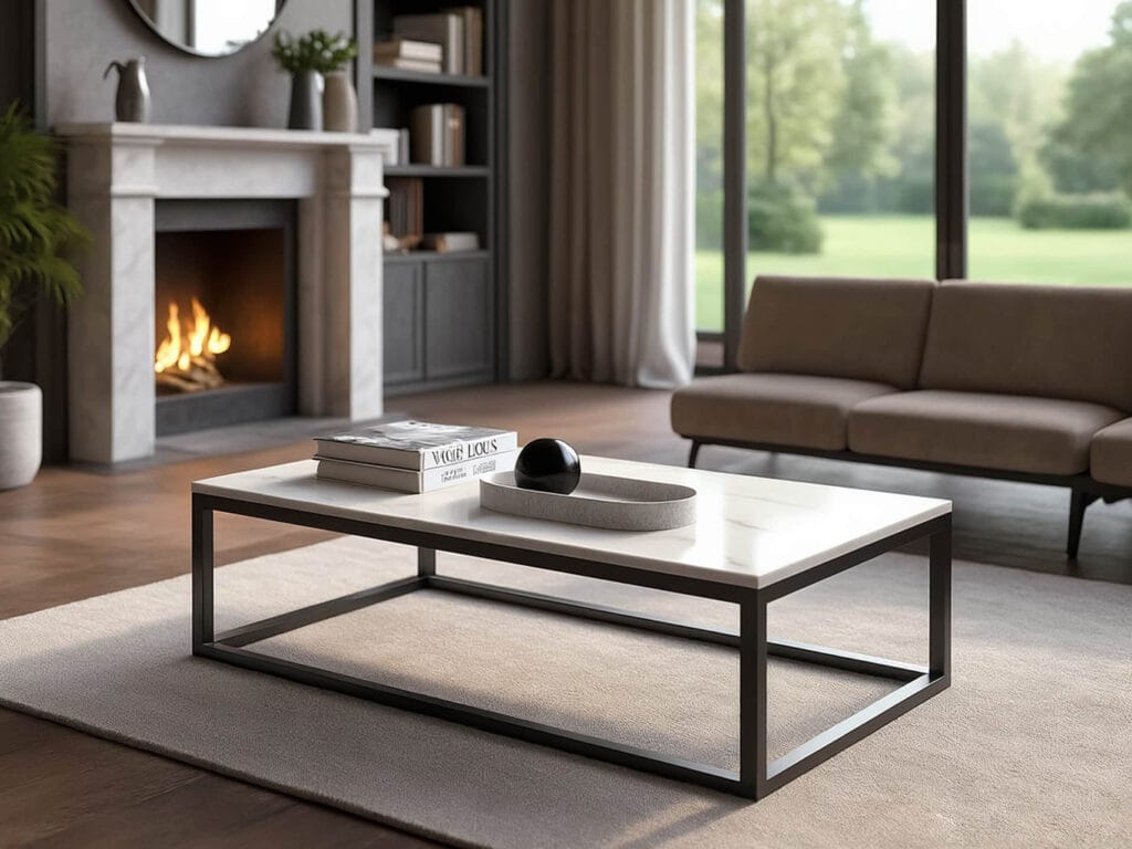 Modern living room with a rectangular coffee table, books, and decor on a rug, sofa in the background, fireplace to the left, and large windows overlooking greenery.