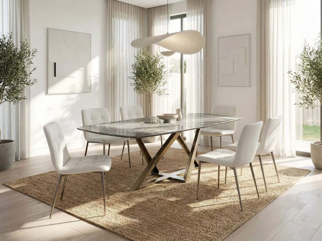 Modern dining room with a glass table, six white chairs, two potted trees, neutral artwork, sheer curtains, and a sculptural pendant light on a woven rug.