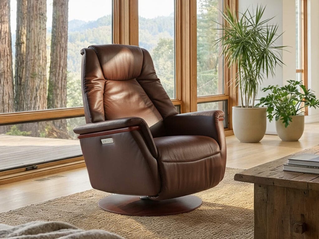 A brown leather recliner chair sits on a rug in a bright room with large windows, wooden floors, green potted plants, and a wooden table.