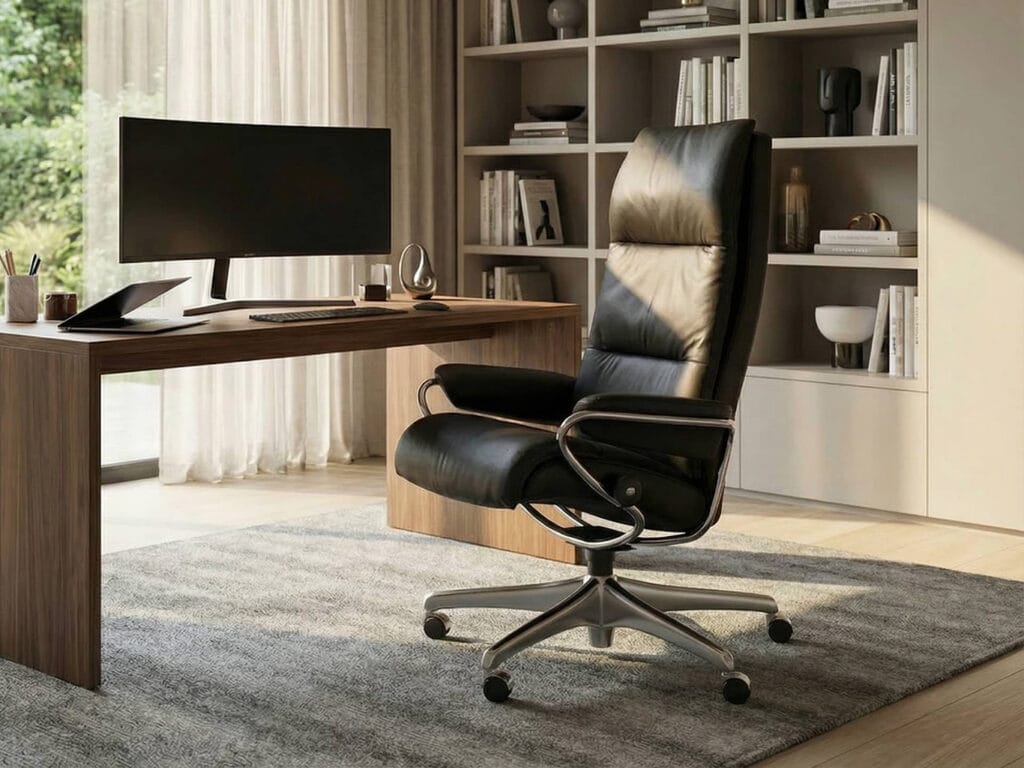 Modern home office with a large wooden desk, black leather swivel chair, flat-screen monitor, keyboard, and bookshelves filled with books and decor. Sunlight filters through sheer curtains.